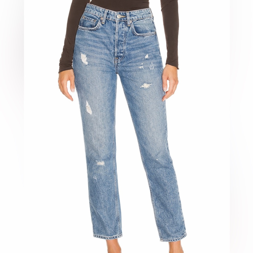 GRLFRND High-Rise Straight Leg Distressed Blue Jeans
